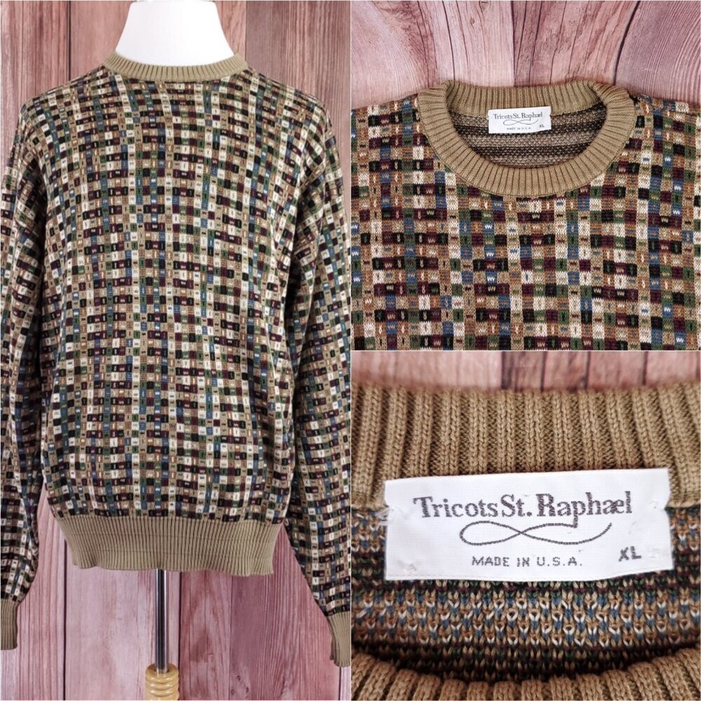 Vtg Tricots St Raphael Sweater Men XL Geometric Abstract Grandpa Coogi Style USA